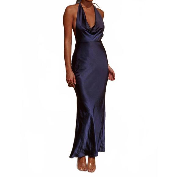 RUNAWAY Dresses & Skirts - Satin Halter Maxi Dress in Navy Blue